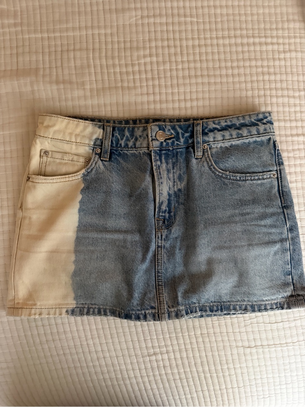 GRLFRND Two-Tone Blue and Cream Denim Mini Skirt